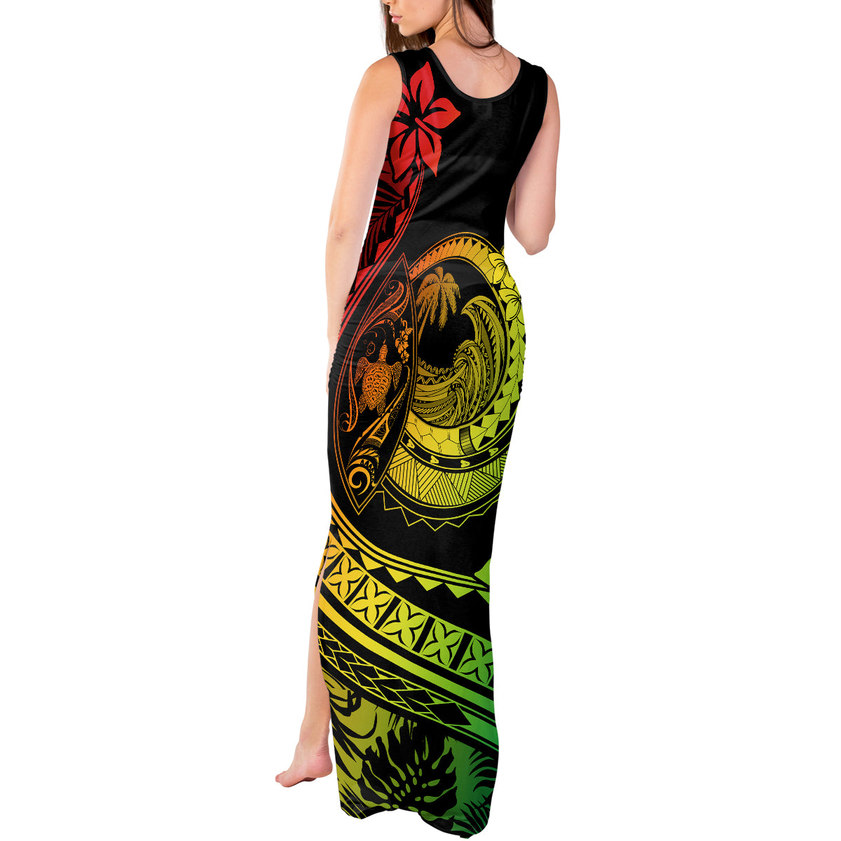 Polynesian Plumeria Tank Maxi Dress Ride The Waves - Reggae - Wonder Print Shop