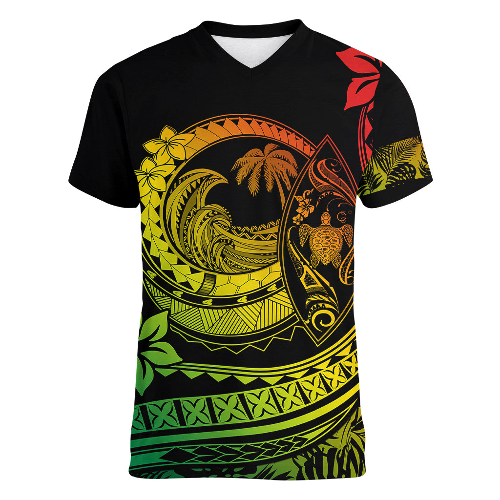 Polynesian Plumeria Women V Neck T Shirt Ride The Waves - Reggae - Wonder Print Shop