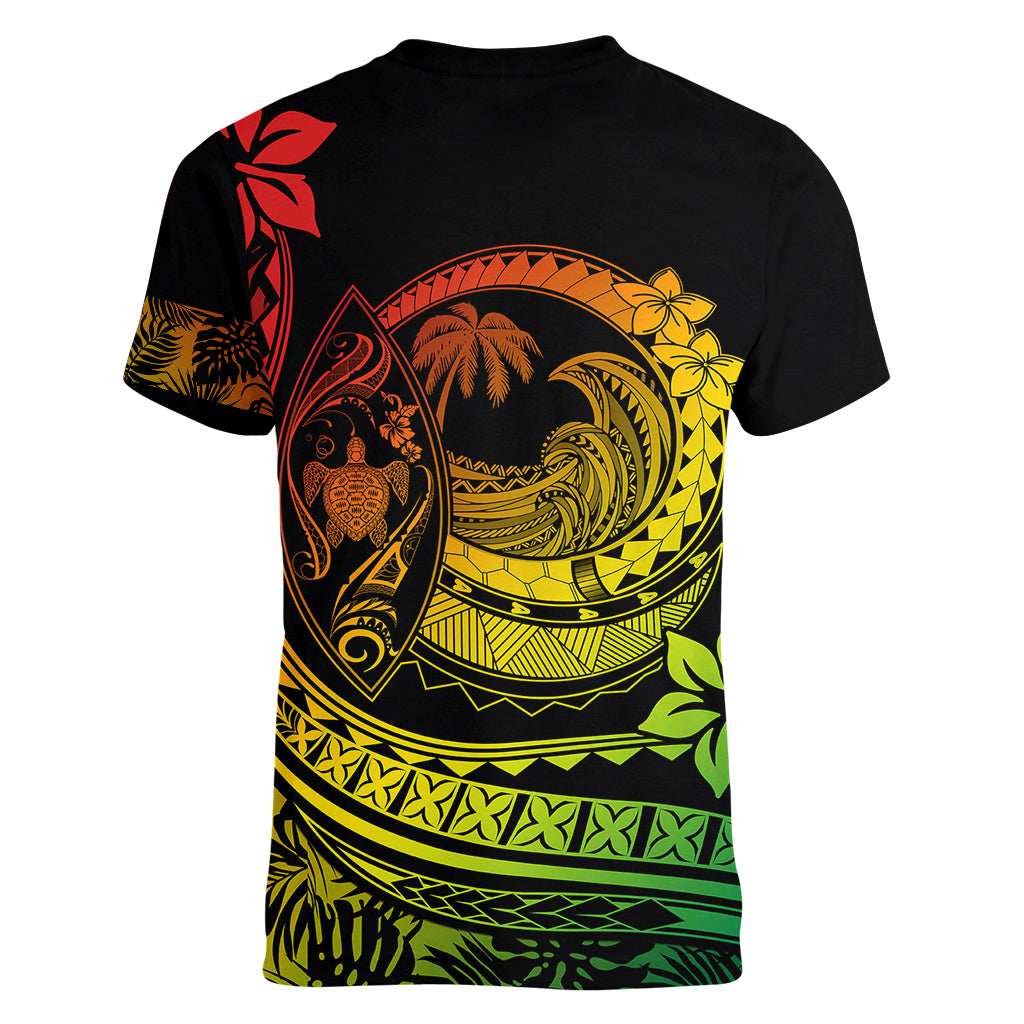 Polynesian Plumeria Women V Neck T Shirt Ride The Waves - Reggae - Wonder Print Shop