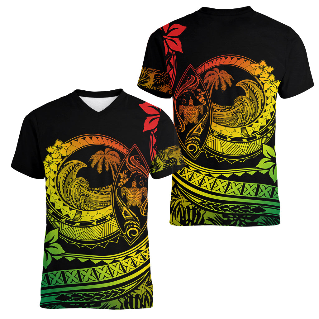 Polynesian Plumeria Women V Neck T Shirt Ride The Waves - Reggae - Wonder Print Shop