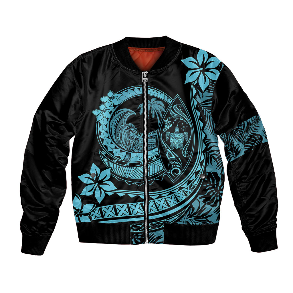 Polynesian Plumeria Bomber Jacket Ride The Waves - Turquoise LT7 - Wonder Print Shop