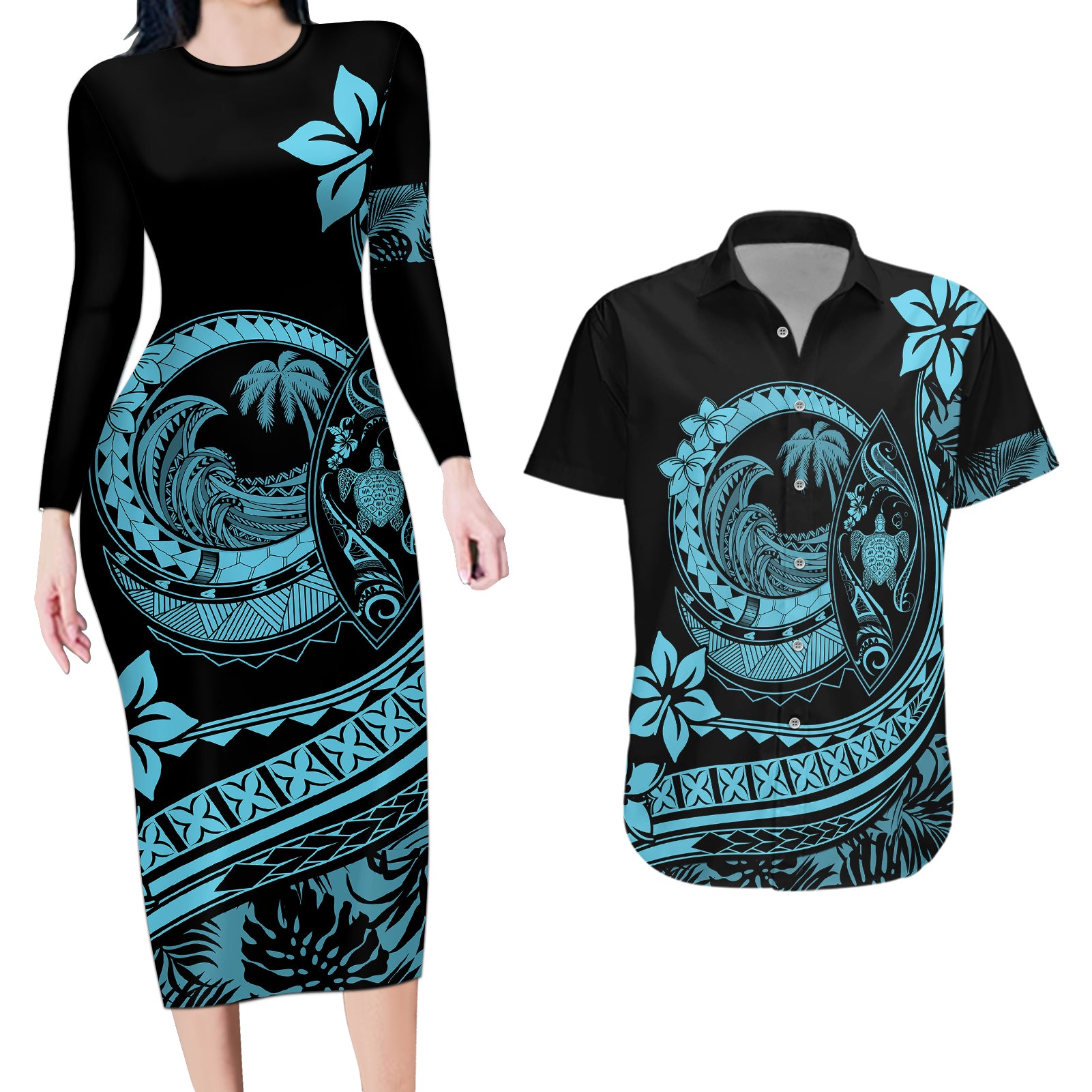 Polynesian Plumeria Couples Matching Long Sleeve Bodycon Dress and Hawaiian Shirt Ride The Waves - Turquoise LT7 - Wonder Print Shop