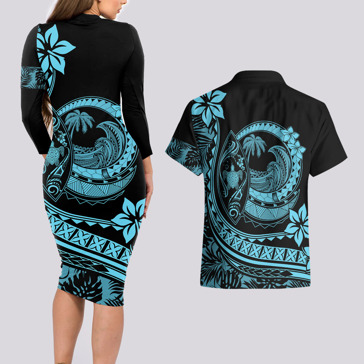 Polynesian Plumeria Couples Matching Long Sleeve Bodycon Dress and Hawaiian Shirt Ride The Waves - Turquoise LT7 - Wonder Print Shop