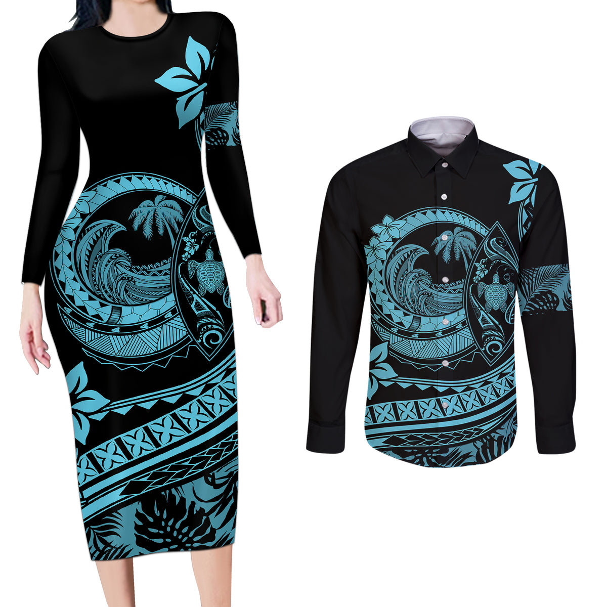 Polynesian Plumeria Couples Matching Long Sleeve Bodycon Dress and Long Sleeve Button Shirts Ride The Waves - Turquoise LT7 - Wonder Print Shop
