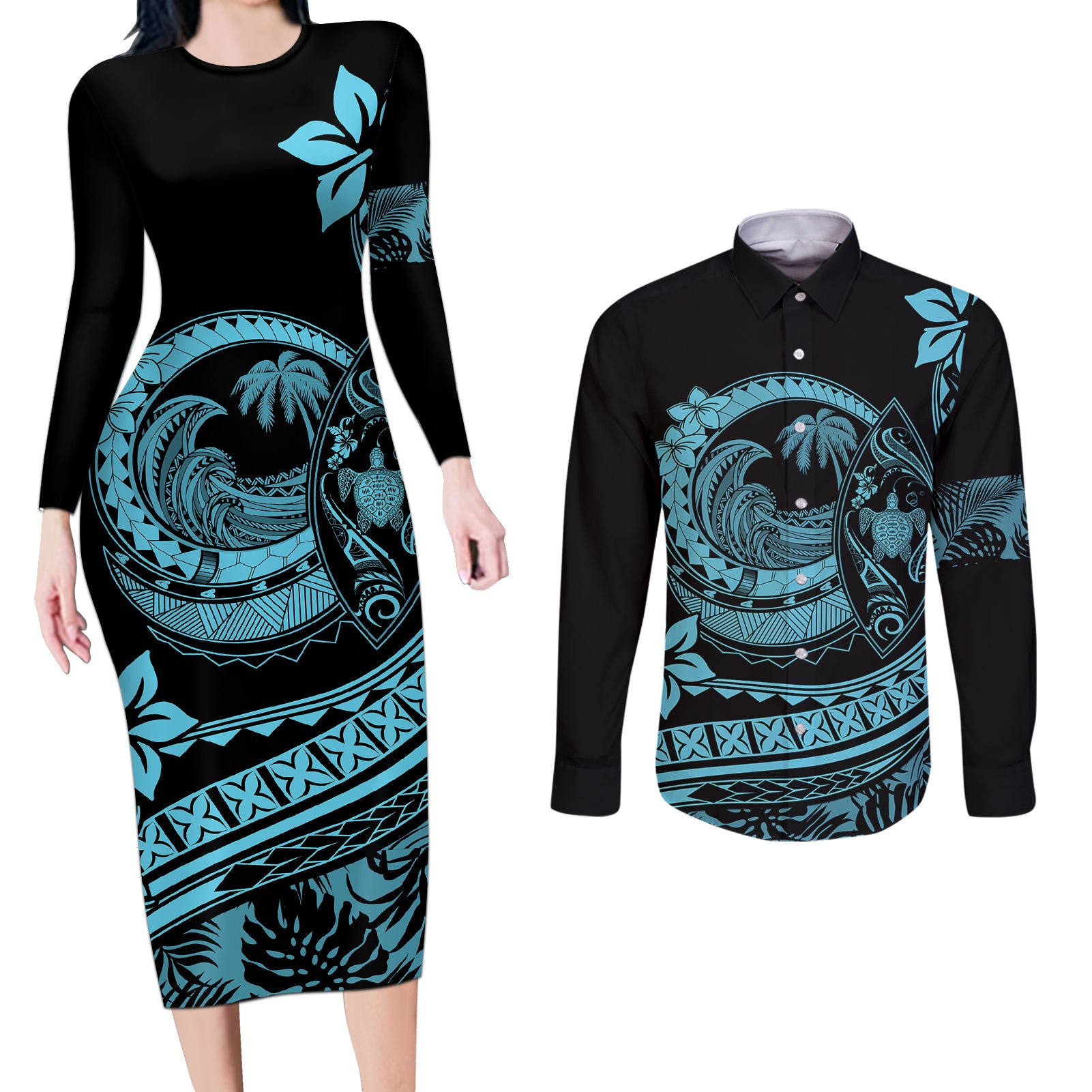 Polynesian Plumeria Couples Matching Long Sleeve Bodycon Dress and Long Sleeve Button Shirts Ride The Waves - Turquoise LT7 - Wonder Print Shop