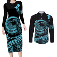 Polynesian Plumeria Couples Matching Long Sleeve Bodycon Dress and Long Sleeve Button Shirts Ride The Waves - Turquoise LT7 - Wonder Print Shop