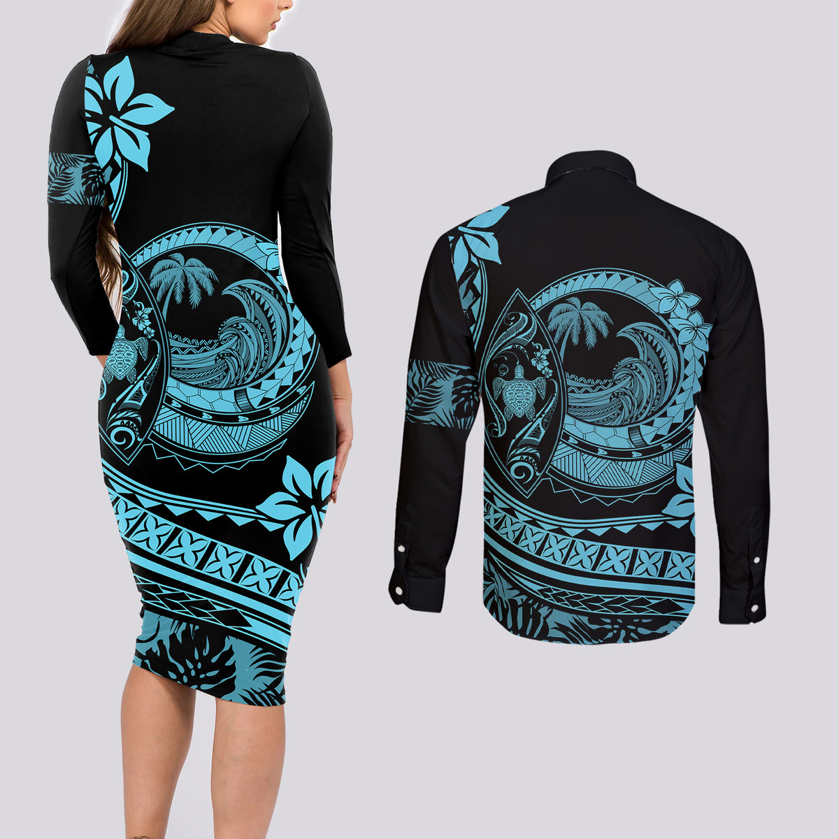 Polynesian Plumeria Couples Matching Long Sleeve Bodycon Dress and Long Sleeve Button Shirts Ride The Waves - Turquoise LT7 - Wonder Print Shop
