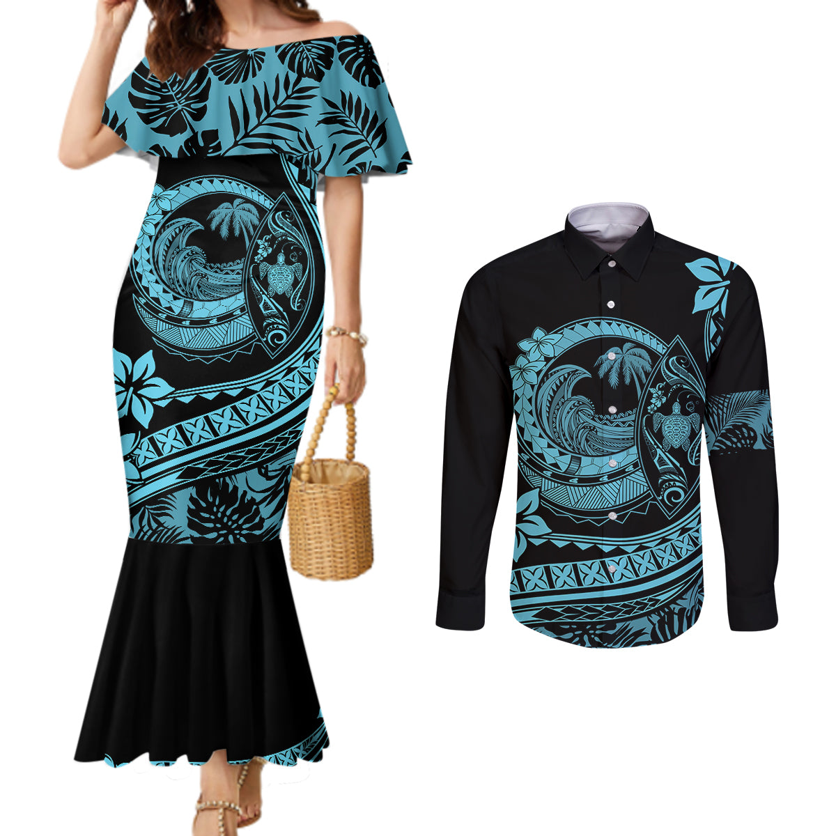polynesian-plumeria-couples-matching-mermaid-dress-and-long-sleeve-button-shirts-ride-the-waves-turquoise