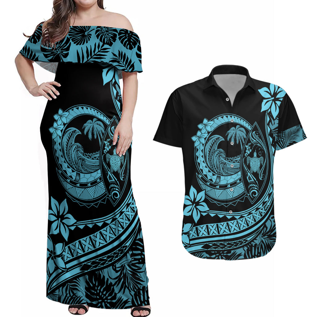Polynesian Plumeria Couples Matching Off Shoulder Maxi Dress and Hawaiian Shirt Ride The Waves - Turquoise LT7 - Wonder Print Shop