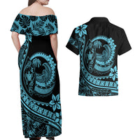 Polynesian Plumeria Couples Matching Off Shoulder Maxi Dress and Hawaiian Shirt Ride The Waves - Turquoise LT7 - Wonder Print Shop