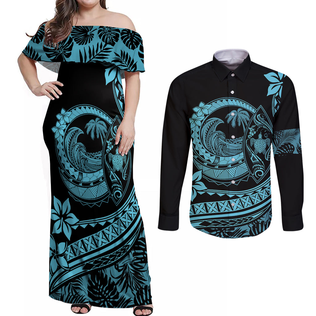 Polynesian Plumeria Couples Matching Off Shoulder Maxi Dress and Long Sleeve Button Shirts Ride The Waves - Turquoise LT7 - Wonder Print Shop