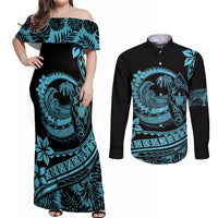 Polynesian Plumeria Couples Matching Off Shoulder Maxi Dress and Long Sleeve Button Shirts Ride The Waves - Turquoise LT7 - Wonder Print Shop