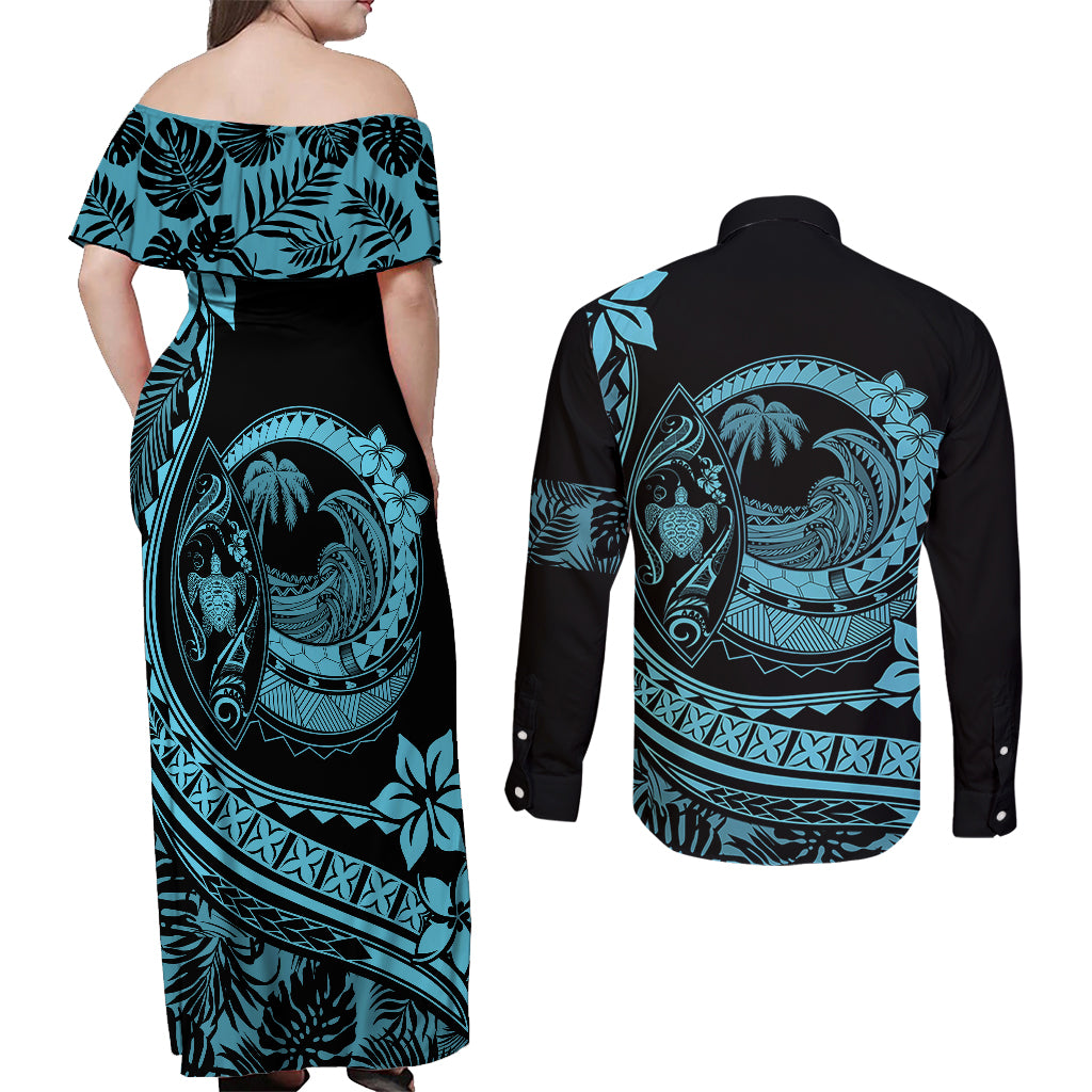 Polynesian Plumeria Couples Matching Off Shoulder Maxi Dress and Long Sleeve Button Shirts Ride The Waves - Turquoise LT7 - Wonder Print Shop