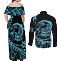 Polynesian Plumeria Couples Matching Off Shoulder Maxi Dress and Long Sleeve Button Shirts Ride The Waves - Turquoise LT7 - Wonder Print Shop