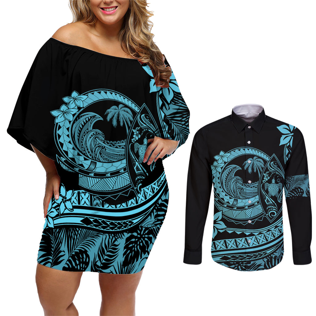 Polynesian Plumeria Couples Matching Off Shoulder Short Dress and Long Sleeve Button Shirts Ride The Waves - Turquoise LT7 - Wonder Print Shop