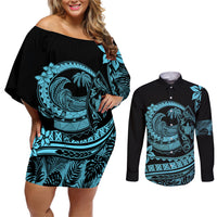 Polynesian Plumeria Couples Matching Off Shoulder Short Dress and Long Sleeve Button Shirts Ride The Waves - Turquoise LT7 - Wonder Print Shop