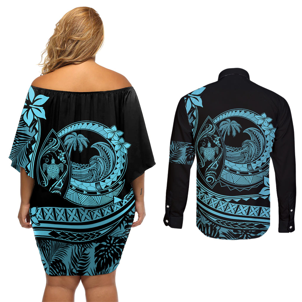 Polynesian Plumeria Couples Matching Off Shoulder Short Dress and Long Sleeve Button Shirts Ride The Waves - Turquoise LT7 - Wonder Print Shop