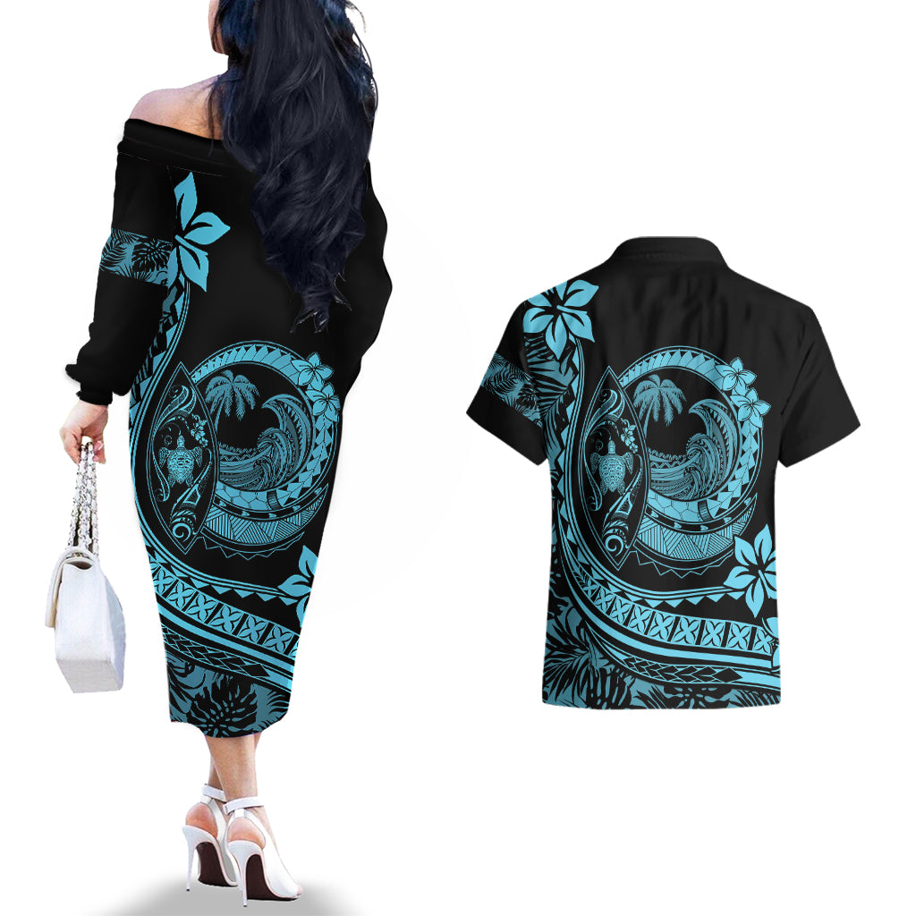 Polynesian Plumeria Couples Matching Off The Shoulder Long Sleeve Dress and Hawaiian Shirt Ride The Waves - Turquoise LT7 - Wonder Print Shop