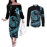 polynesian-plumeria-couples-matching-off-the-shoulder-long-sleeve-dress-and-long-sleeve-button-shirts-ride-the-waves-turquoise