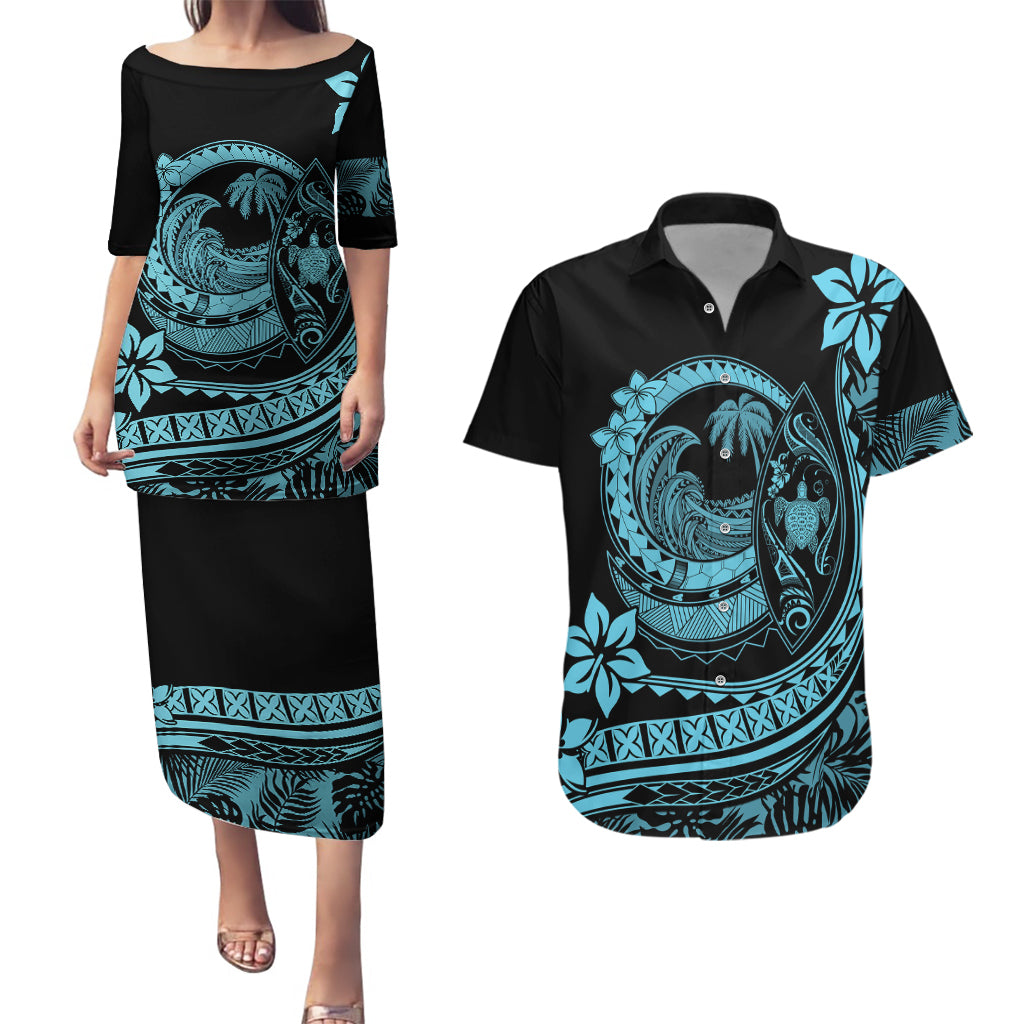 Polynesian Plumeria Couples Matching Puletasi Dress and Hawaiian Shirt Ride The Waves - Turquoise LT7 - Wonder Print Shop