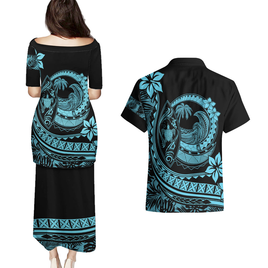 Polynesian Plumeria Couples Matching Puletasi Dress and Hawaiian Shirt Ride The Waves - Turquoise LT7 - Wonder Print Shop