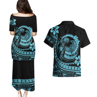 Polynesian Plumeria Couples Matching Puletasi Dress and Hawaiian Shirt Ride The Waves - Turquoise LT7 - Wonder Print Shop