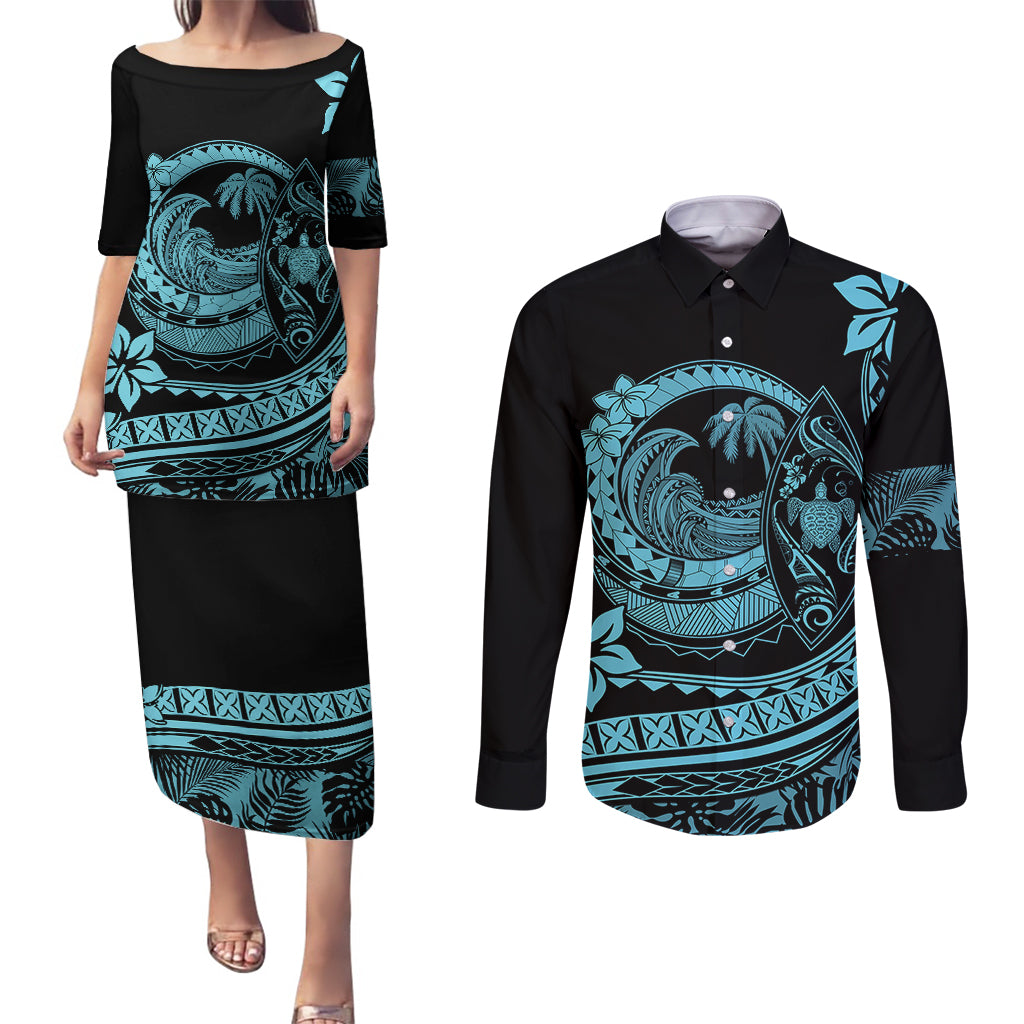 Polynesian Plumeria Couples Matching Puletasi Dress and Long Sleeve Button Shirts Ride The Waves - Turquoise LT7 - Wonder Print Shop