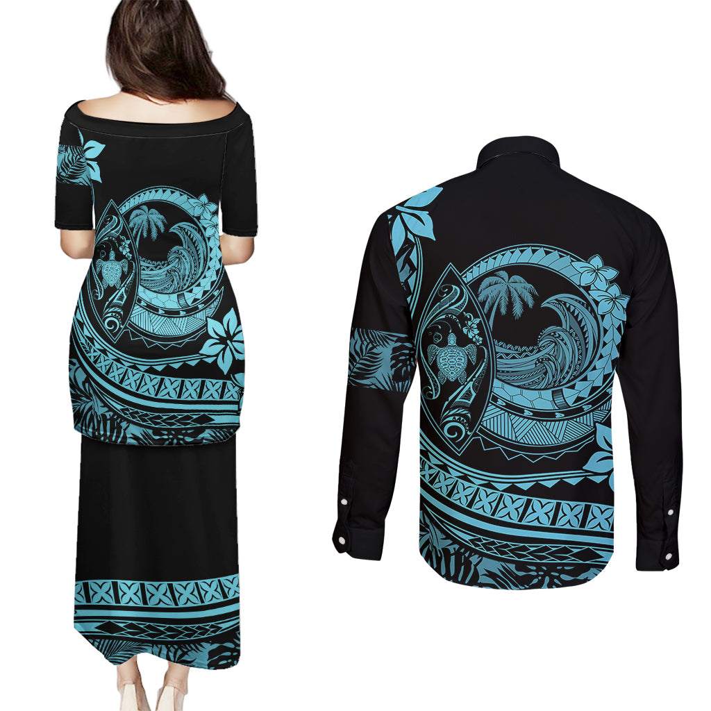 Polynesian Plumeria Couples Matching Puletasi Dress and Long Sleeve Button Shirts Ride The Waves - Turquoise LT7 - Wonder Print Shop