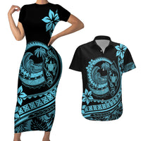 Polynesian Plumeria Couples Matching Short Sleeve Bodycon Dress and Hawaiian Shirt Ride The Waves - Turquoise LT7 - Wonder Print Shop