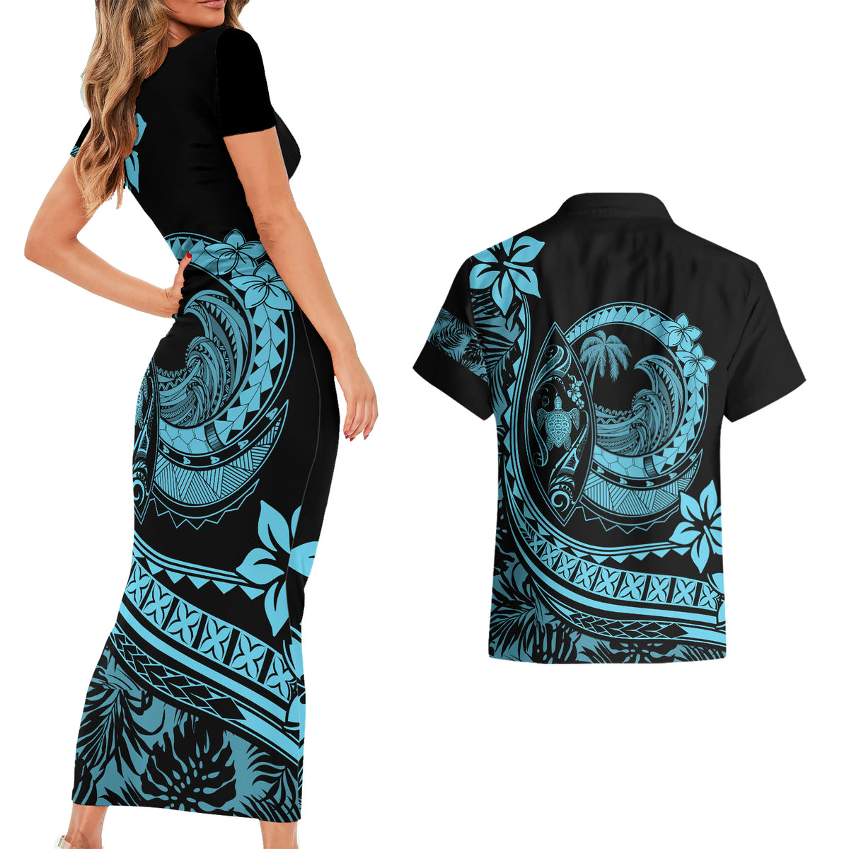 Polynesian Plumeria Couples Matching Short Sleeve Bodycon Dress and Hawaiian Shirt Ride The Waves - Turquoise LT7 - Wonder Print Shop