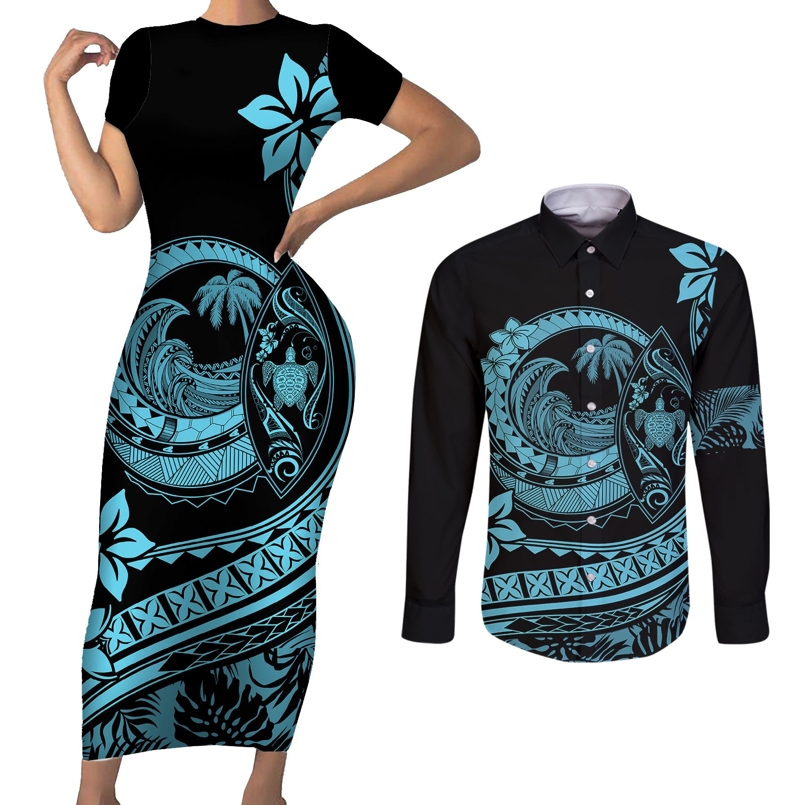Polynesian Plumeria Couples Matching Short Sleeve Bodycon Dress and Long Sleeve Button Shirts Ride The Waves - Turquoise LT7 - Wonder Print Shop