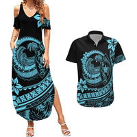 Polynesian Plumeria Couples Matching Summer Maxi Dress and Hawaiian Shirt Ride The Waves - Turquoise LT7 - Wonder Print Shop