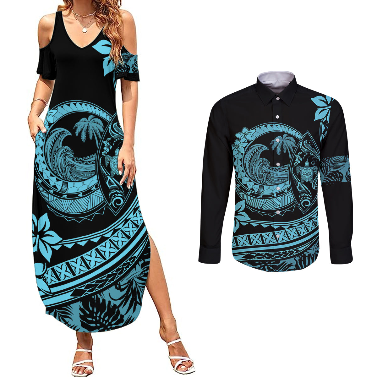 Polynesian Plumeria Couples Matching Summer Maxi Dress and Long Sleeve Button Shirts Ride The Waves - Turquoise LT7 - Wonder Print Shop