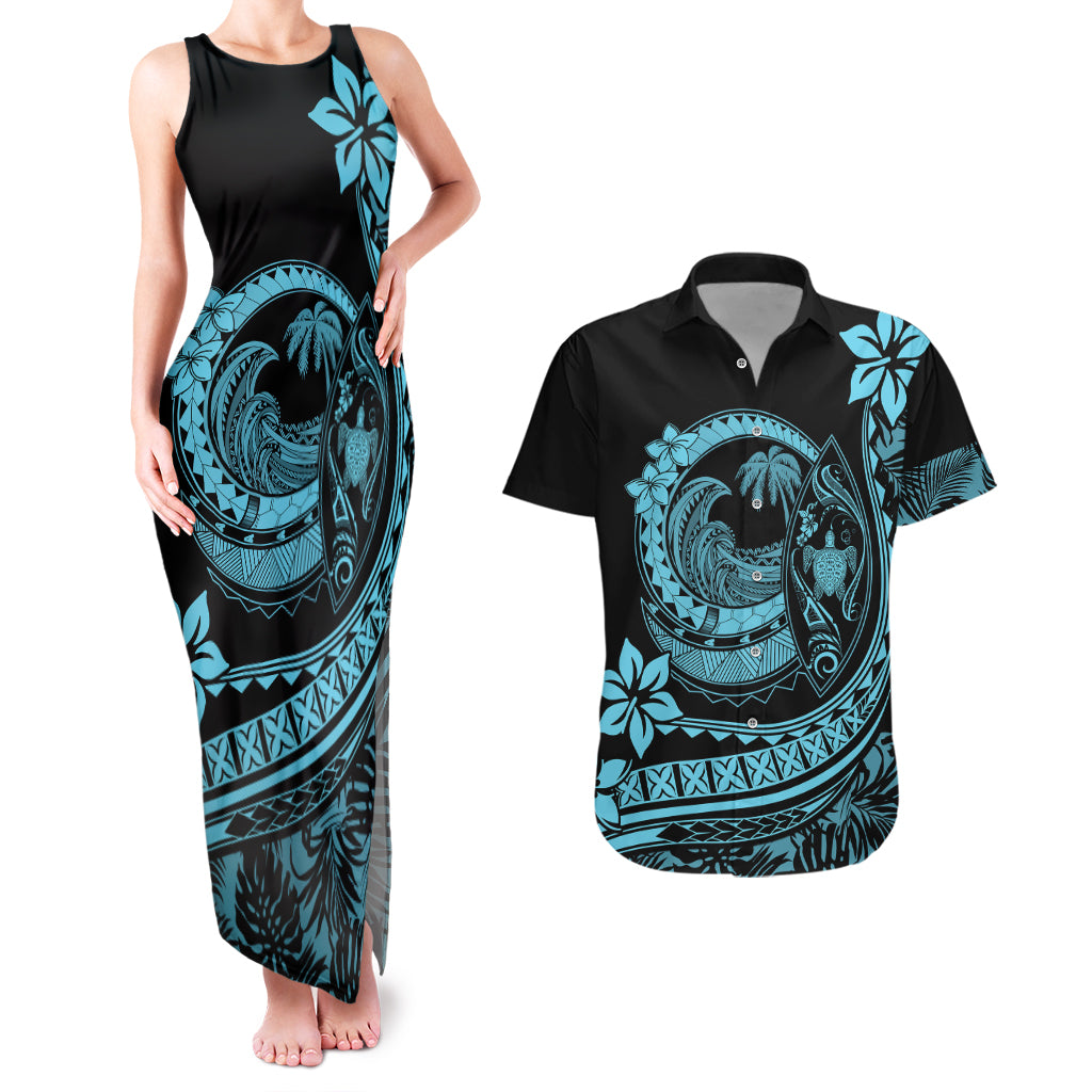 Polynesian Plumeria Couples Matching Tank Maxi Dress And Hawaiian Shirt Ride The Waves - Turquoise LT7 - Wonder Print Shop