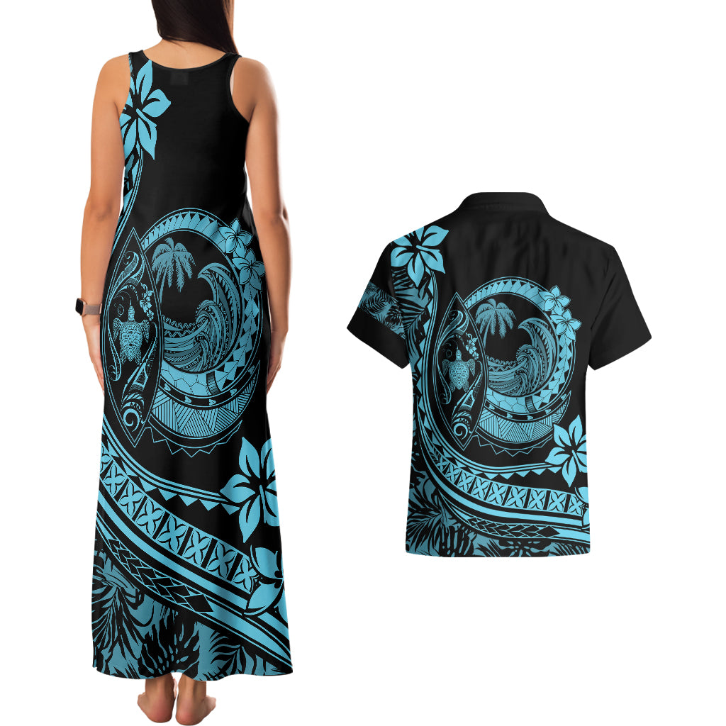 Polynesian Plumeria Couples Matching Tank Maxi Dress And Hawaiian Shirt Ride The Waves - Turquoise LT7 - Wonder Print Shop