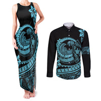 Polynesian Plumeria Couples Matching Tank Maxi Dress and Long Sleeve Button Shirts Ride The Waves - Turquoise LT7 - Wonder Print Shop