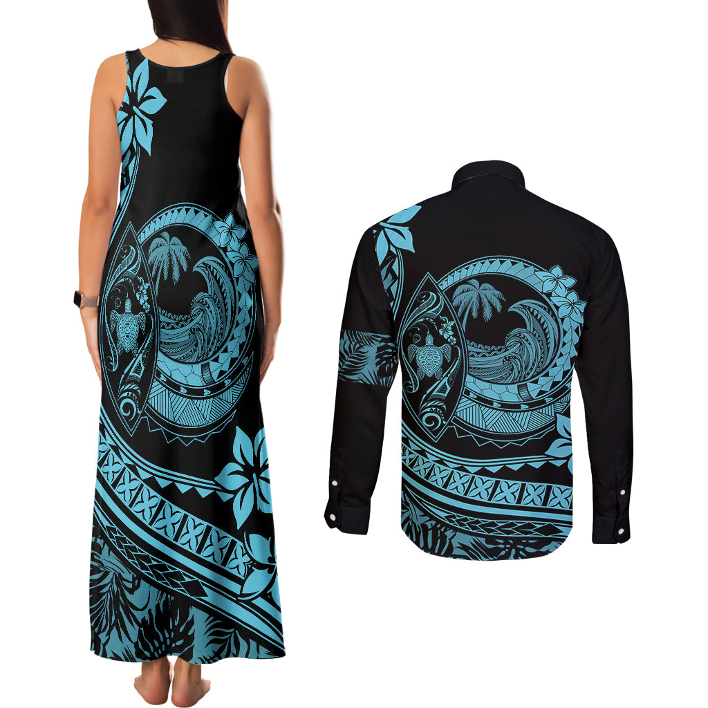 Polynesian Plumeria Couples Matching Tank Maxi Dress and Long Sleeve Button Shirts Ride The Waves - Turquoise LT7 - Wonder Print Shop