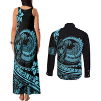 Polynesian Plumeria Couples Matching Tank Maxi Dress and Long Sleeve Button Shirts Ride The Waves - Turquoise LT7 - Wonder Print Shop