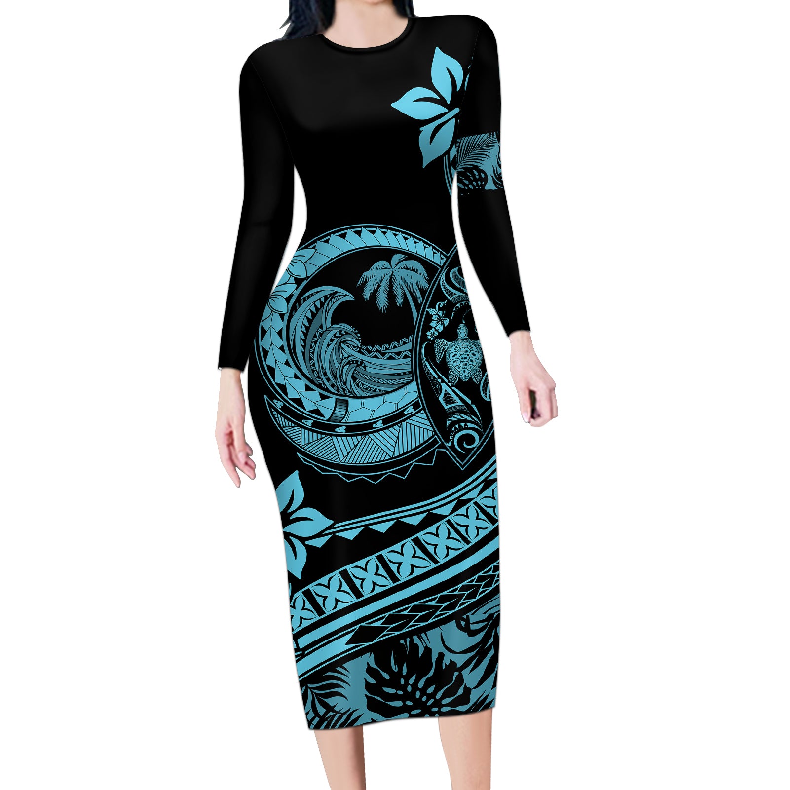 Polynesian Plumeria Long Sleeve Bodycon Dress Ride The Waves - Turquoise - Wonder Print Shop