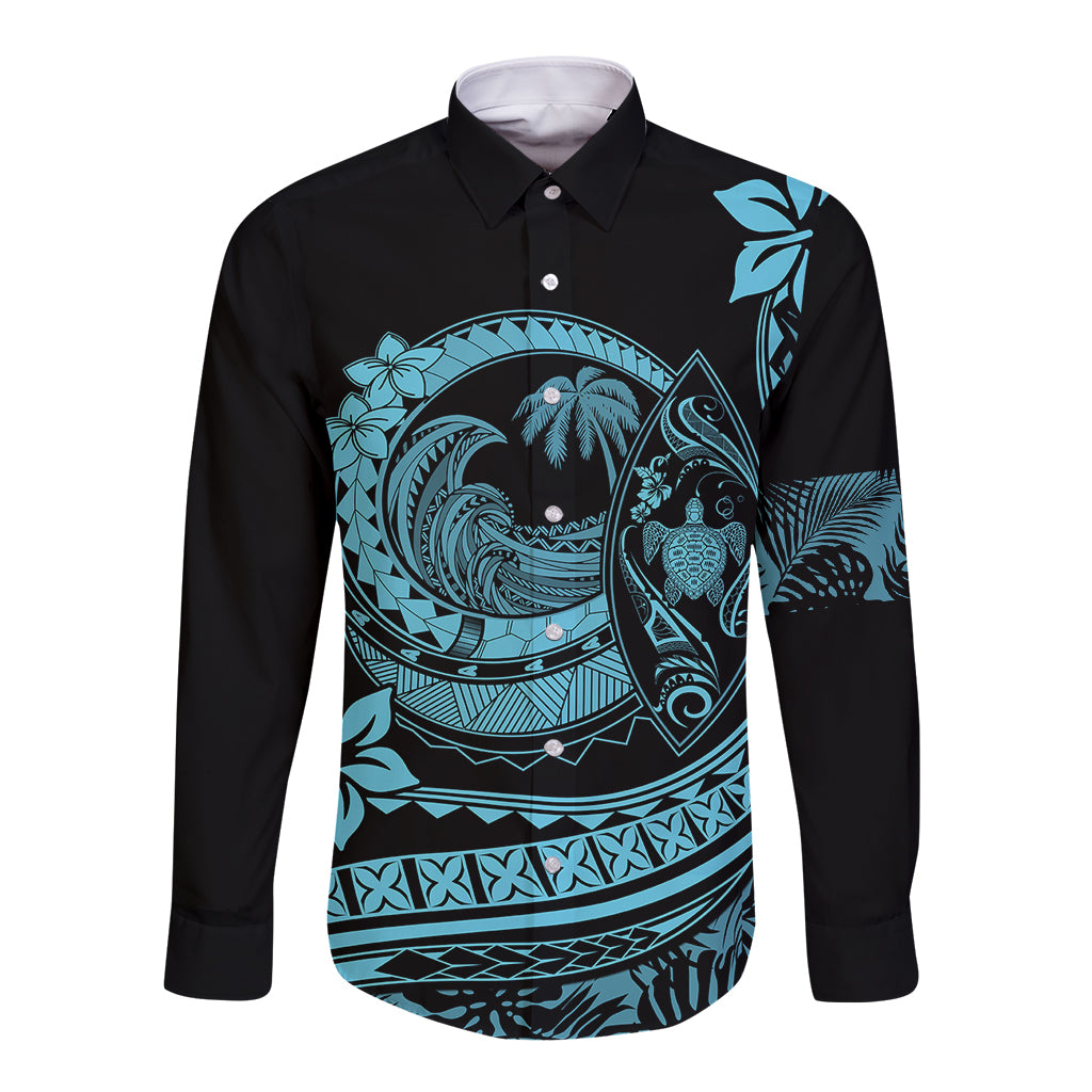 Polynesian Plumeria Long Sleeve Button Shirt Ride The Waves - Turquoise - Wonder Print Shop