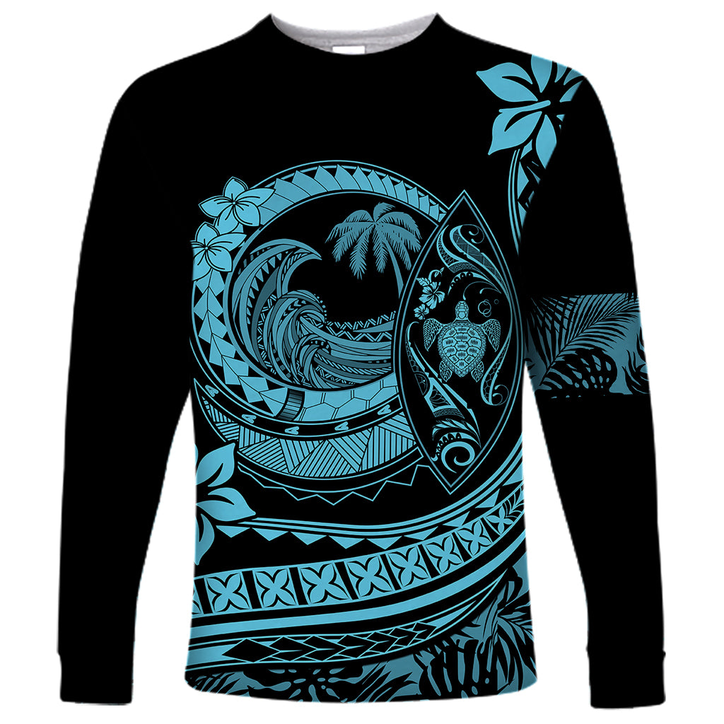 Polynesian Plumeria Long Sleeve Shirt Ride The Waves - Turquoise - Wonder Print Shop