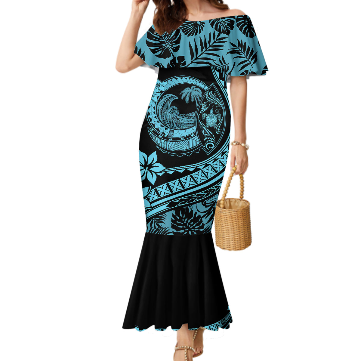 Polynesian Plumeria Mermaid Dress Ride The Waves - Turquoise - Wonder Print Shop