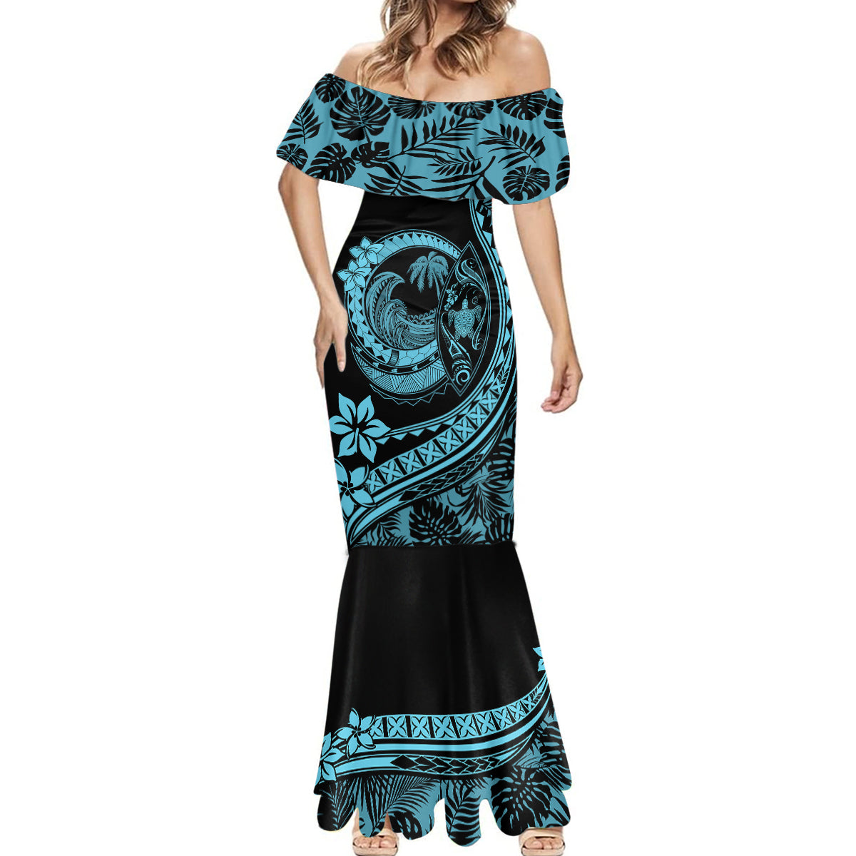 Polynesian Plumeria Mermaid Dress Ride The Waves - Turquoise - Wonder Print Shop