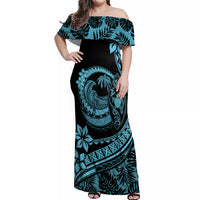 Polynesian Plumeria Off Shoulder Maxi Dress Ride The Waves - Turquoise - Wonder Print Shop