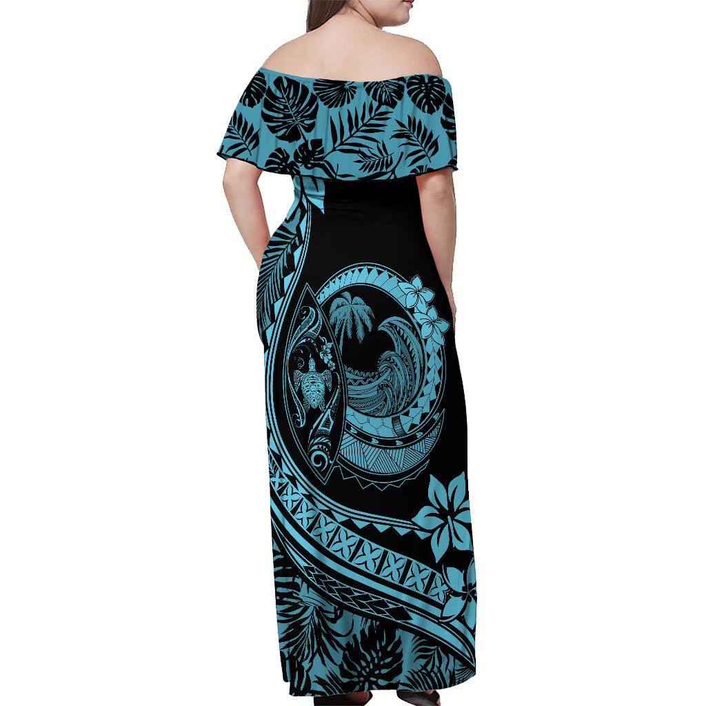 Polynesian Plumeria Off Shoulder Maxi Dress Ride The Waves - Turquoise - Wonder Print Shop