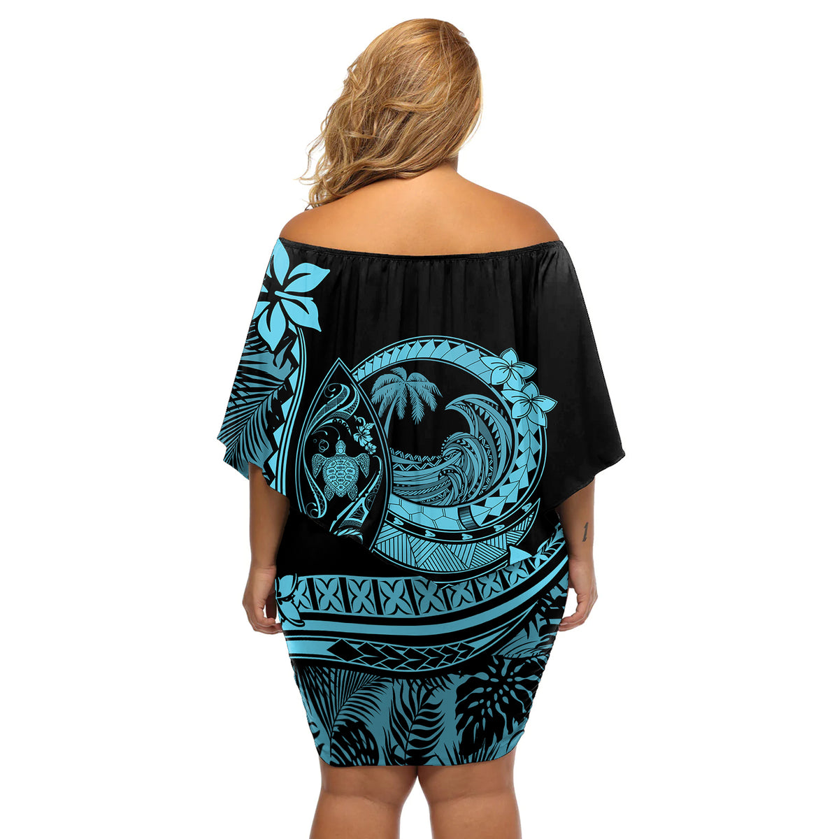 Polynesian Plumeria Off Shoulder Short Dress Ride The Waves - Turquoise - Wonder Print Shop