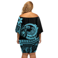 Polynesian Plumeria Off Shoulder Short Dress Ride The Waves - Turquoise - Wonder Print Shop