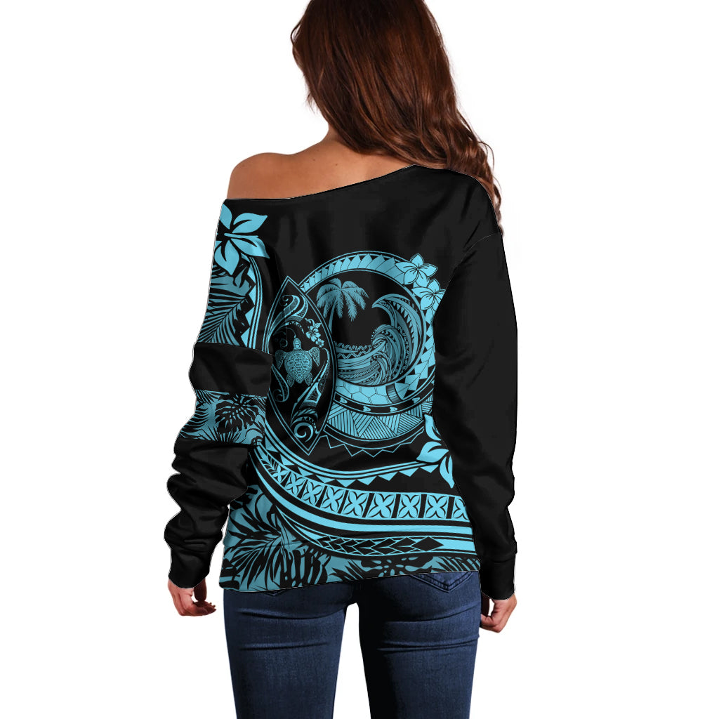 Polynesian Plumeria Off Shoulder Sweater Ride The Waves - Turquoise - Wonder Print Shop
