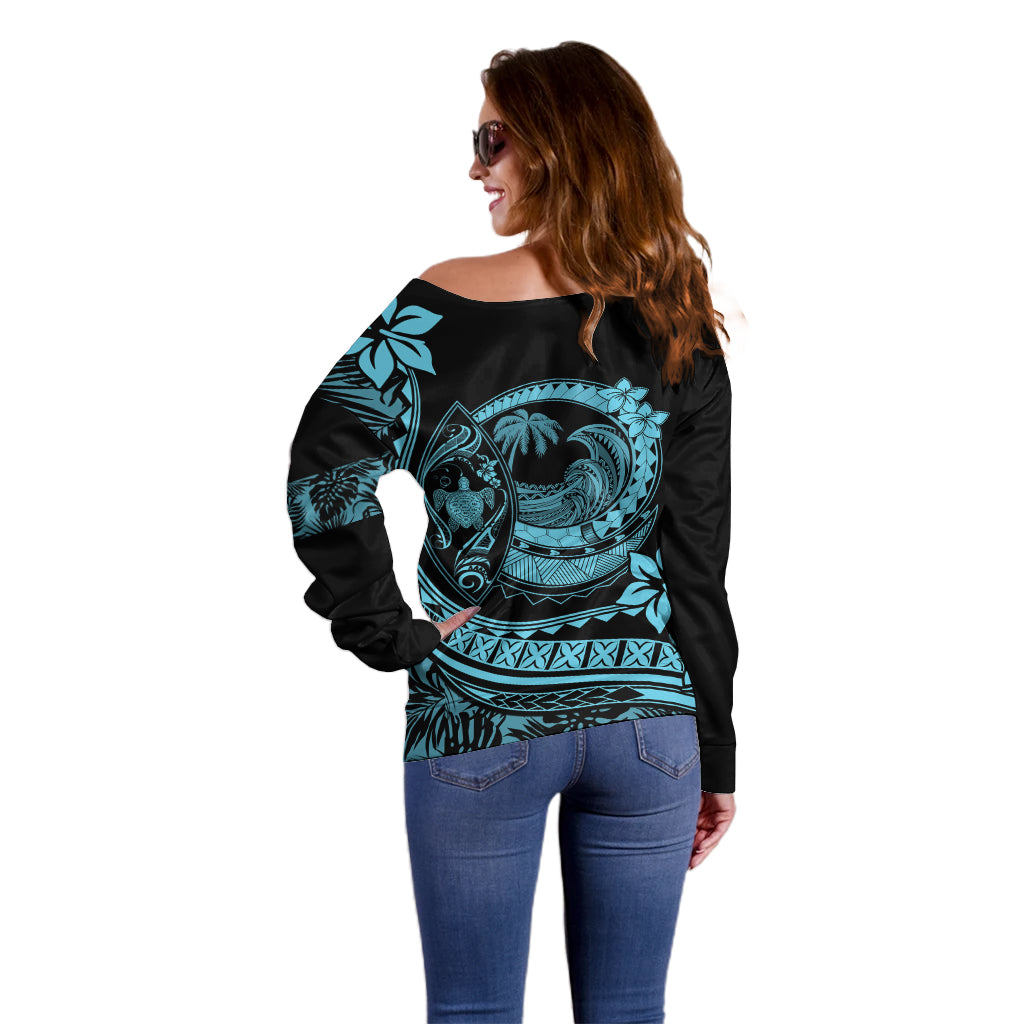 Polynesian Plumeria Off Shoulder Sweater Ride The Waves - Turquoise - Wonder Print Shop