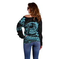 Polynesian Plumeria Off Shoulder Sweater Ride The Waves - Turquoise - Wonder Print Shop